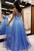 Spaghetti Straps A-Line Tulle Long Corset Prom Dress with Appliques