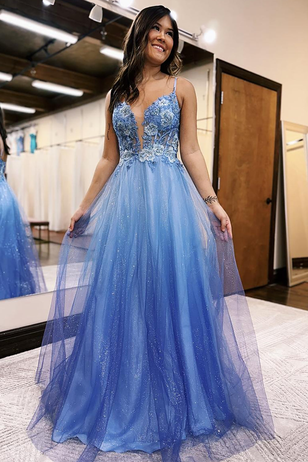 Spaghetti Straps A-Line Tulle Long Corset Prom Dress with Appliques