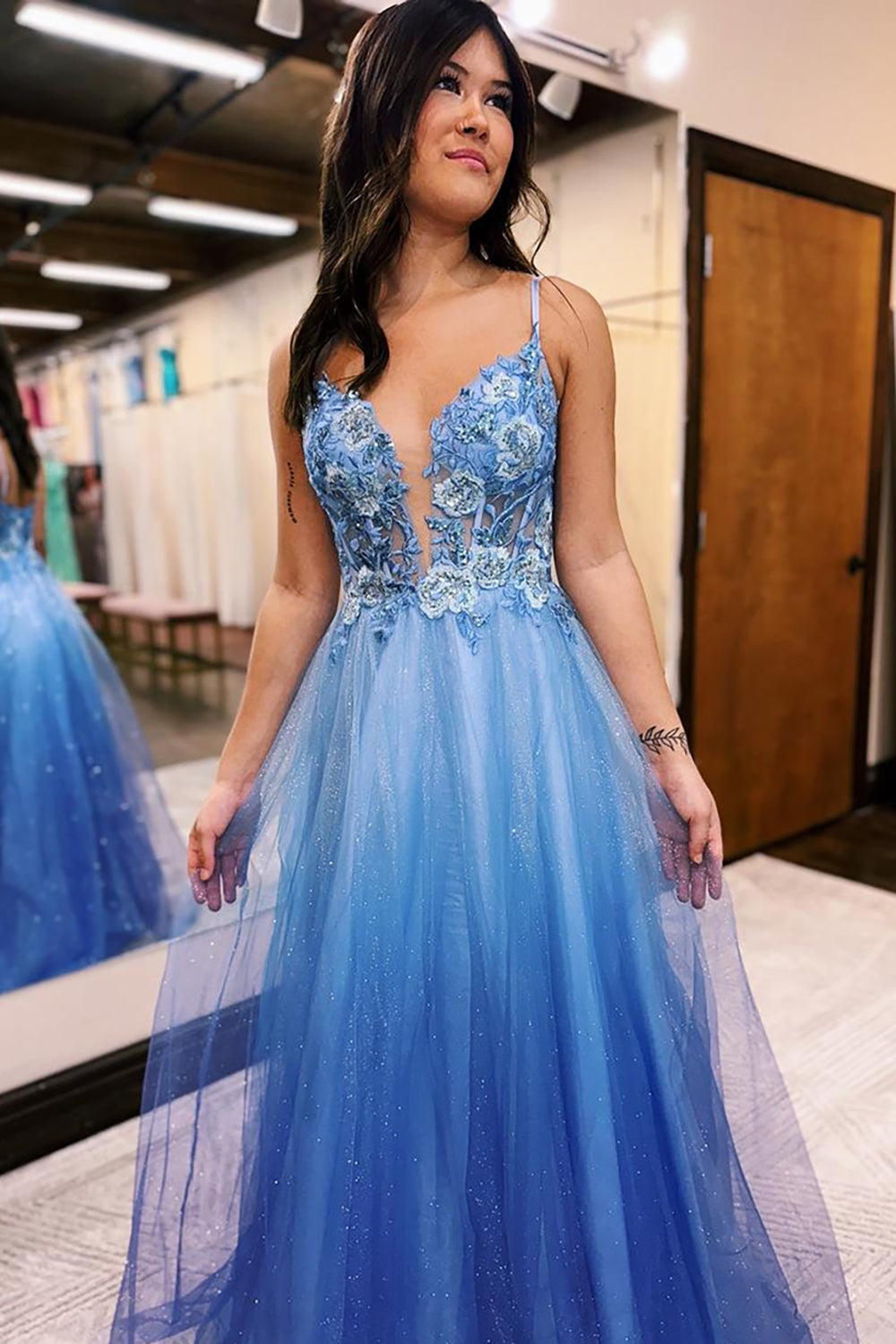 Spaghetti Straps A-Line Tulle Long Corset Prom Dress with Appliques