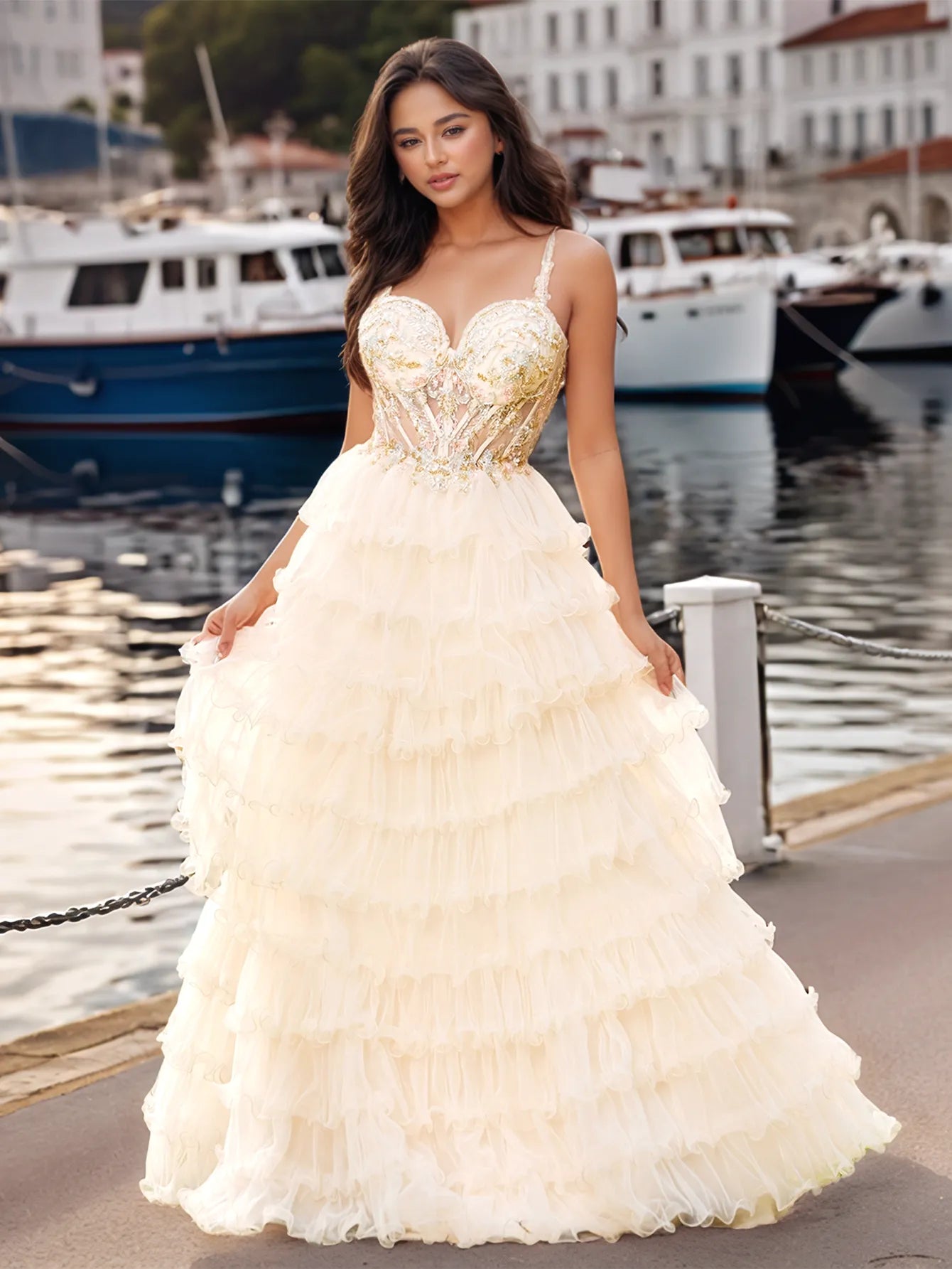 Robe de bal à corsage transparent et broderies de dentelle superposées