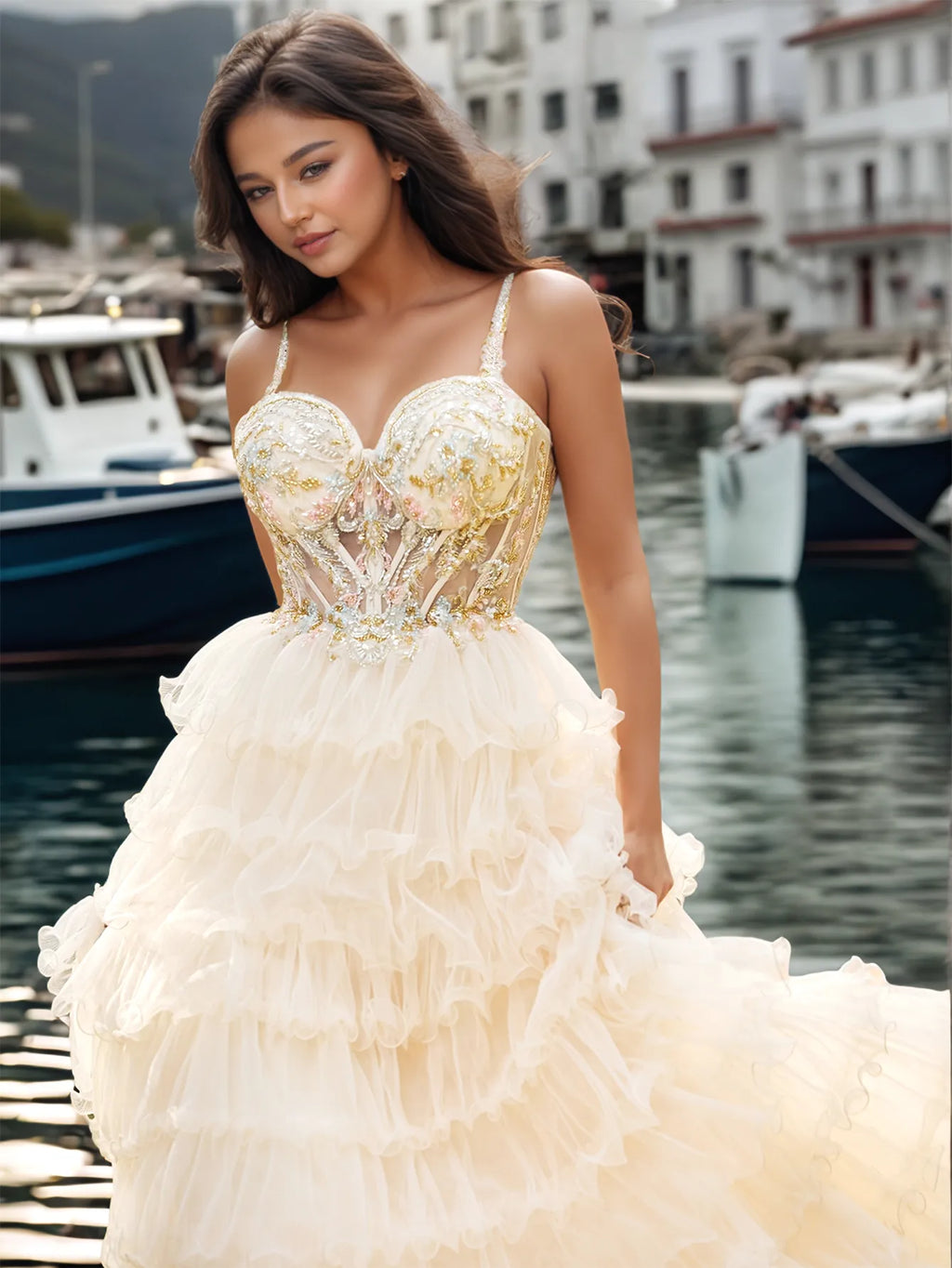 Robe de bal à corsage transparent et broderies de dentelle superposées