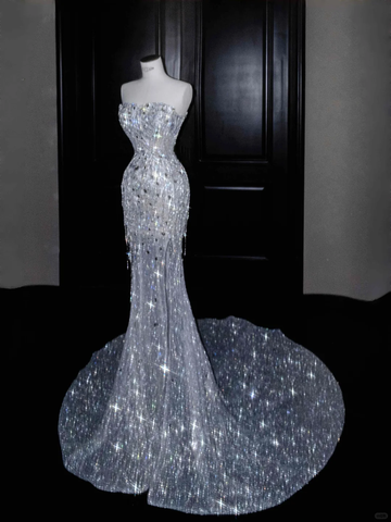 Sparkly Strapless Tulle Sequins Tassel Evening Dress,Slit Mermaid Prom Dress Wedding Dress Y8674