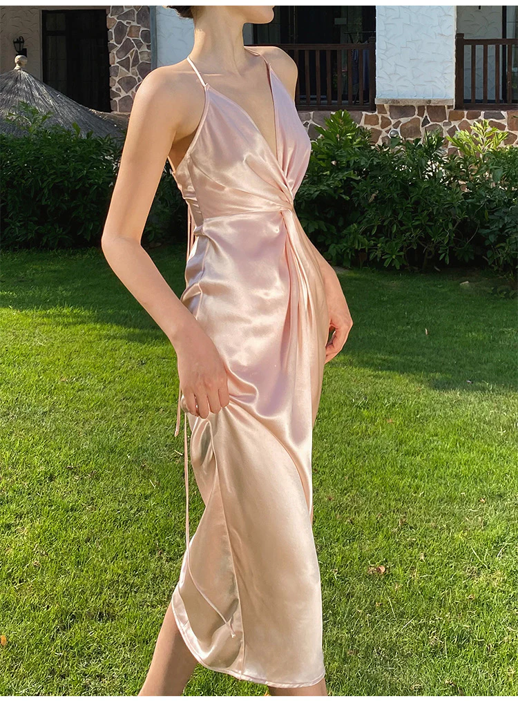 Vestido de fiesta sexy con escote halter en V, color oro champán, ideal para graduación o eventos especiales (Y8211)