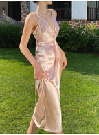 Vestido de fiesta sexy con escote halter en V, color oro champán, ideal para graduación o eventos especiales (Y8211)