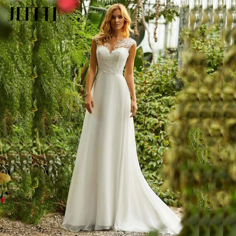 Beach Lace Chiffon Wedding Dress Charming O-Neck Appliques Bridal Gowns A-Line Backless Sleeveless Robe De Mariee 2024