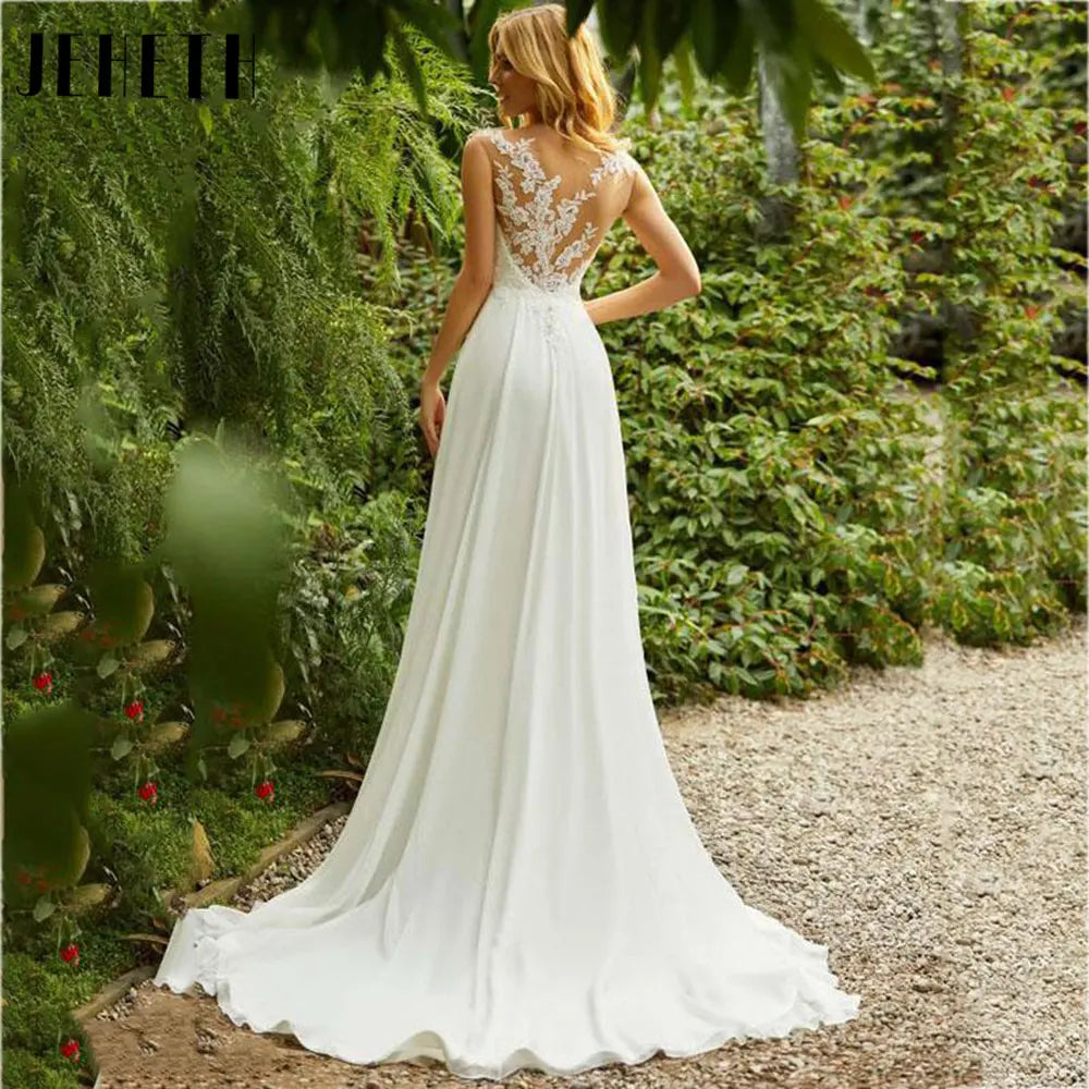 Beach Lace Chiffon Wedding Dress Charming O-Neck Appliques Bridal Gowns A-Line Backless Sleeveless Robe De Mariee 2024