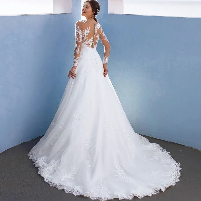 Robes de mariée élégantes de coupe trapèze pour femmes, manches longues en dentelle avec appliques, robe de mariée en tulle illusion, vestidos de novia 