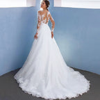 Robes de mariée élégantes de coupe trapèze pour femmes, manches longues en dentelle avec appliques, robe de mariée en tulle illusion, vestidos de novia 