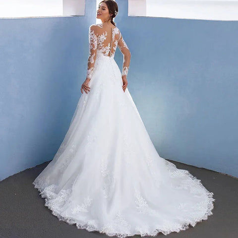 Elegant A-Line Wedding Dresses For Women Long Lace Sleeves With Appliques Bridal Gown Illusion Tulle vestidos de novia