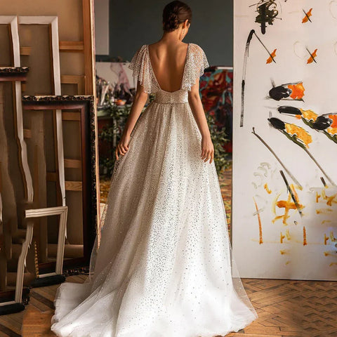 Vestidos de novia elegantes con brillo y escote corazón para mujer, corte en A, mangas tipo murciélago, espalda descubierta de tul.