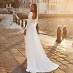 Robes de mariée en satin à manches longues, robes de mariée simples et sexy, décolleté cœur, coupe trapèze, boutonnées 