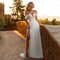 Robe de mariée bohème en dentelle, coupe trapèze, bustier cœur, épaules dénudées, fendue, en mousseline, dos nu, sur mesure 