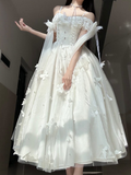 Robe de bal/soirée blanche élégante à fines bretelles, en tulle et dentelle, ornée d'appliqués papillons (Y8394)