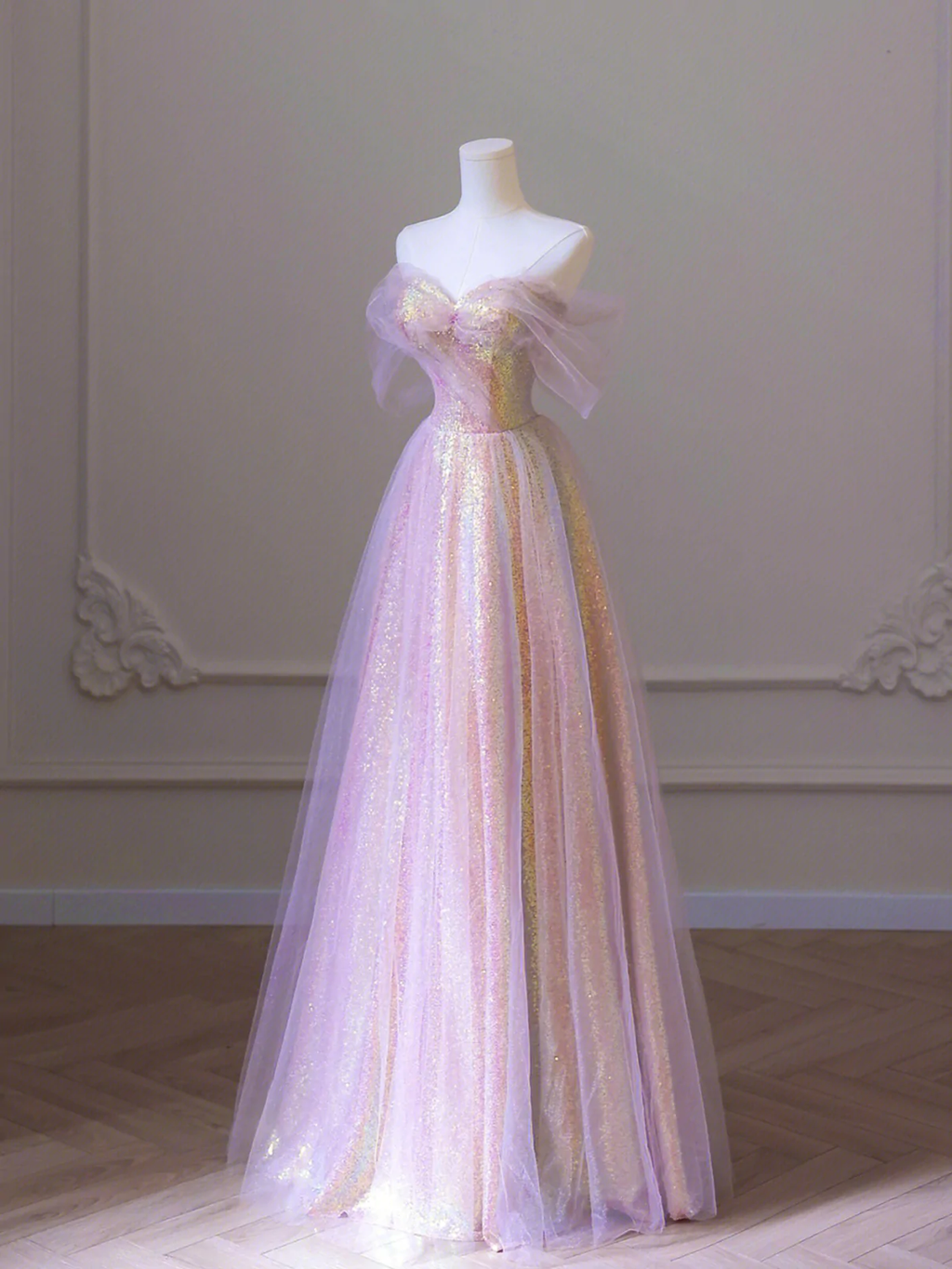 Shiny Tulle Sequins Long Prom Dress, A-Line Off the Shoulder Evening Dress Y1416