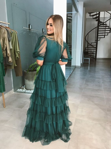Green A-line V Neck Tulle Multi-layered Prom Dress Green Evening Dress Y6218