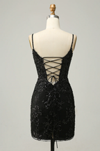 Robe de bal courte noire à sequins et fines bretelles Y3072