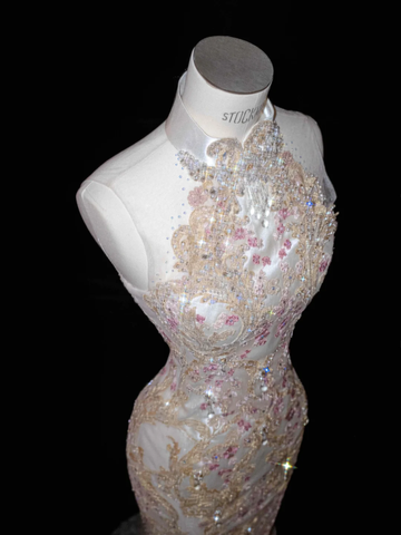 Classy Tulle Appliques Sequins Mermaid Prom Dress Slit Formal Evening Dress Y8661