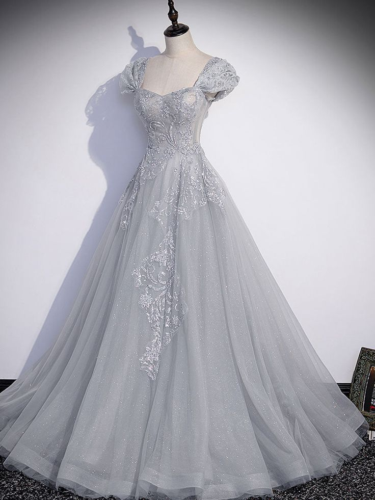 Vestido largo de fiesta gris de tul con lentejuelas, corte en A, vestido de noche formal gris Y4733