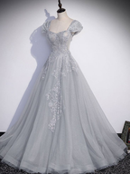 Vestido largo de fiesta gris de tul con lentejuelas, corte en A, vestido de noche formal gris Y4733