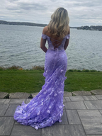 Robe de bal longue sirène en dentelle lilas à épaules dénudées et imprimé floral, robe de soirée fendue jusqu'à la cuisse Y7848