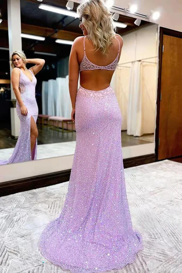 Robe de bal longue sans manches à col en V, style moderne, ornée de sequins scintillants et fendue Y1004