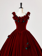 Precioso vestido de quinceañera de terciopelo burdeos, vestido de baile de cumpleaños con flores de rosas Y7750