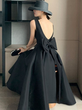 Elegante vestido negro de fiesta, cumpleaños o gala, sin espalda, con gran lazo, ideal para invitadas a eventos nocturnos y fiestas de verano (Y5790)