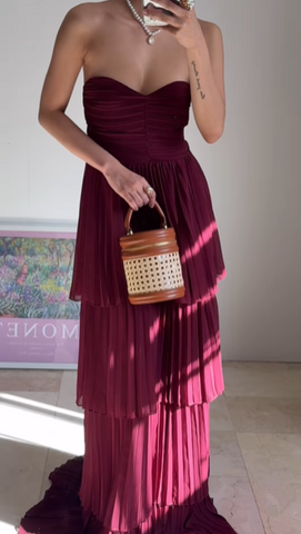 Burgundy Strapless Chiffon Pleated Tiered Long Evening Dress A Line Prom Dress Y8503