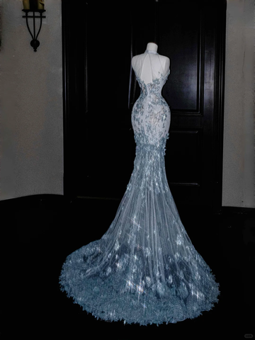 Vestido largo de noche de sirena con apliques de lentejuelas y tul azul ensueño Y8673