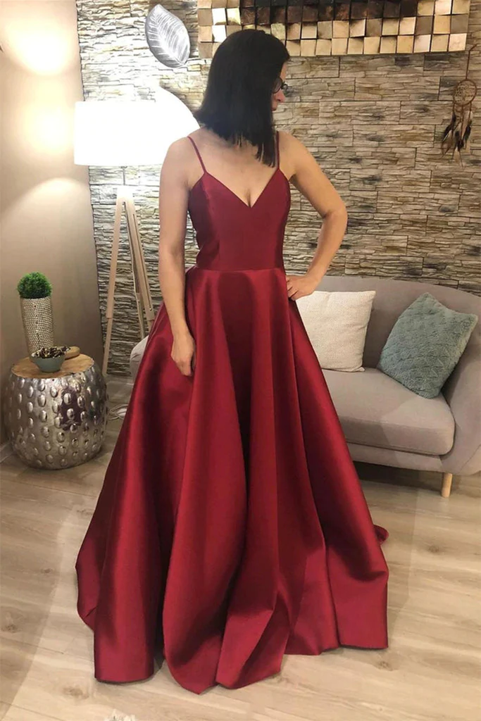 Robe de bal longue bordeaux en satin, col V et dos nu ; robe de soirée bordeaux de cérémonie, col V et dos nu, référence Y210