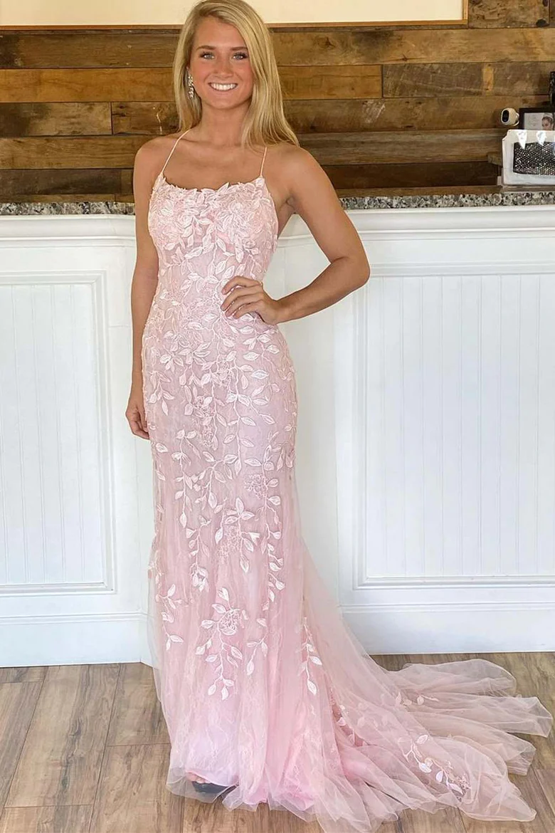 Robe de bal sirène rose en dentelle et tulle, dos lacé, Y2902