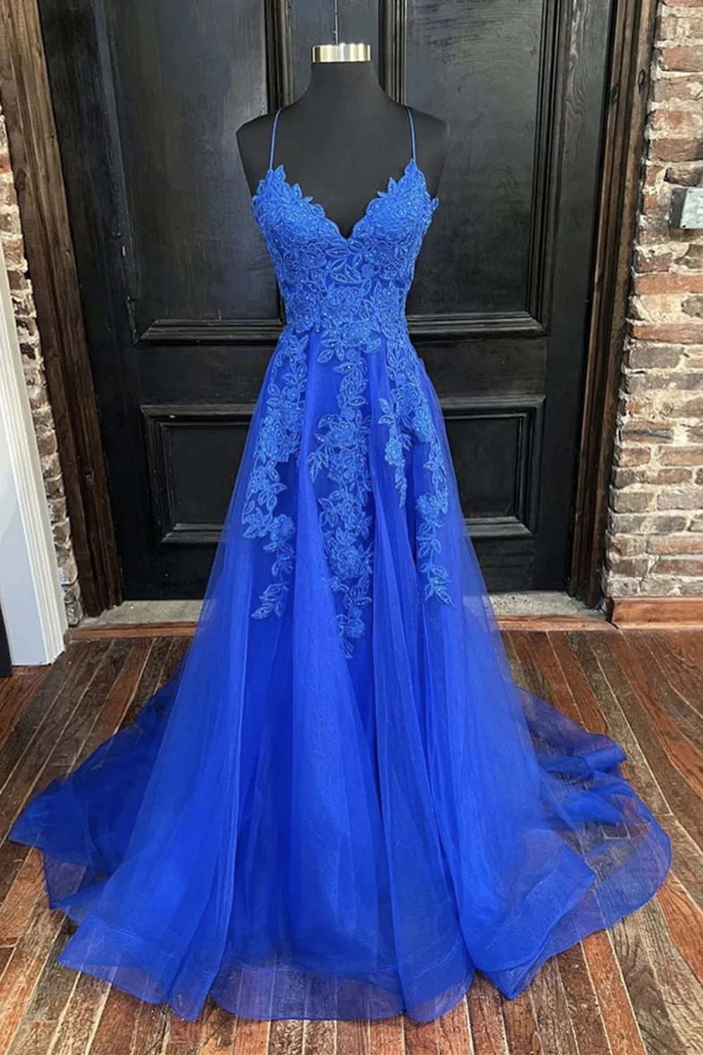 Vestidos largos de fiesta de corte A con escote en V y encaje de tul azul, vestidos formales azules con escote en V, vestidos de noche de encaje azul Y1268