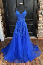 Vestidos largos de fiesta de corte A con escote en V y encaje de tul azul, vestidos formales azules con escote en V, vestidos de noche de encaje azul Y1268