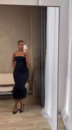 Robe moulante noire sexy sans bretelles, robe de soirée noire Y7094
