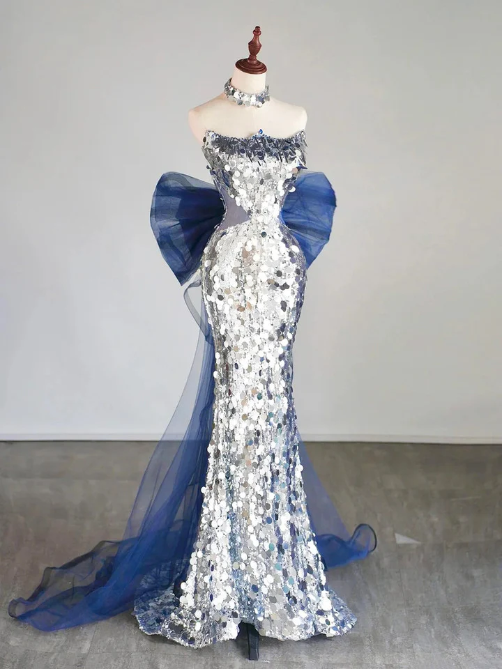 Vestido largo de noche de sirena con lentejuelas plateadas brillantes y lazo Y7746