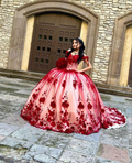 Vestido de quinceañera de encaje rojo con flores 3D hecho a medida, vestido de baile con hombros descubiertos Y6956