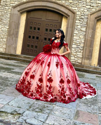 Vestido de quinceañera de encaje rojo con flores 3D hecho a medida, vestido de baile con hombros descubiertos Y6956