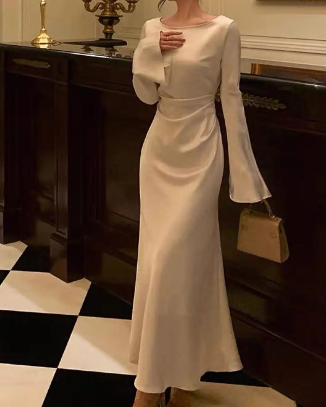 Women's O-Neck Satin Evening Dress Simple White Cocktail Dress Y6894