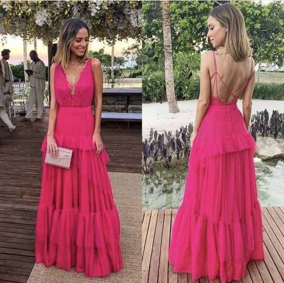 Robe de soirée élégante rose fuchsia coupe trapèze, robe de cérémonie rose fuchsia Y5337