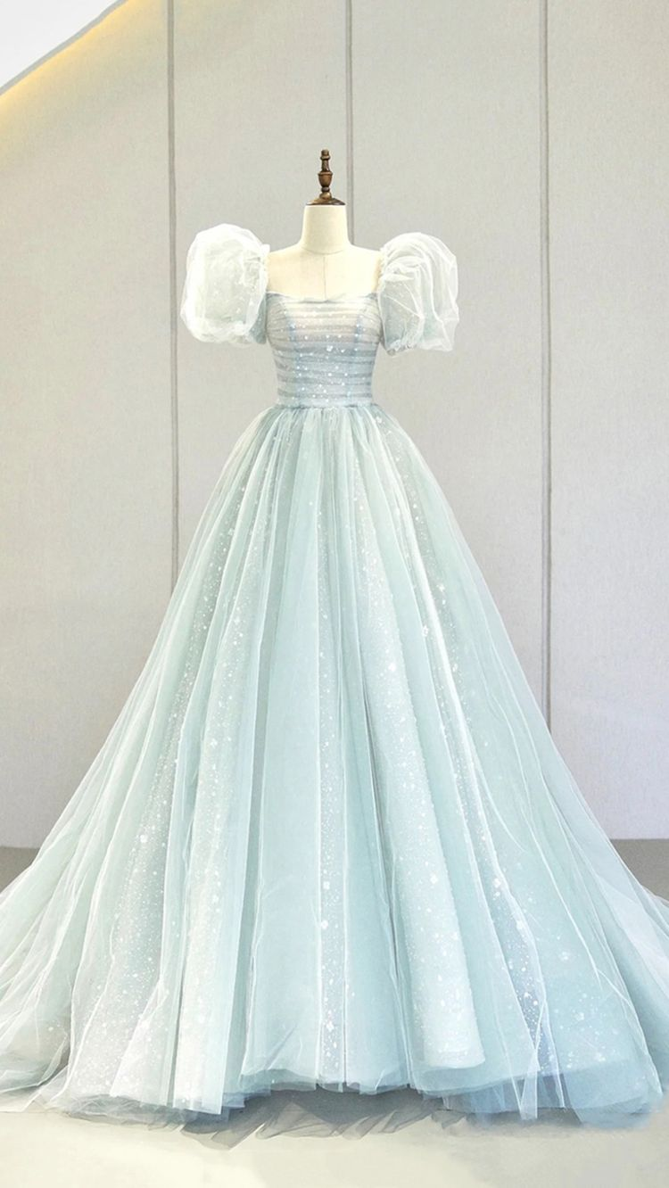 Vestido largo azul de fiesta con mangas abullonadas y corte en A, vestido de noche formal de tul Y2932
