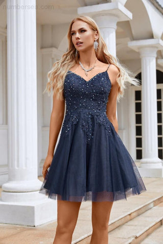 Vestido de dama de honor corto con escote en V, lentejuelas bordadas y tirantes finos, ideal para bodas, fiestas y playa, 28102 