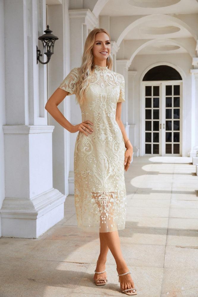 Vestido corto de noche estilo chino con bordado para mujer, manga corta, ideal para fiestas, bodas y compras (SY28105)