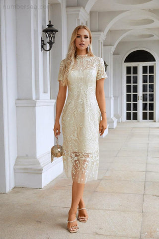 Vestido corto de noche estilo chino con bordado para mujer, manga corta, ideal para fiestas, bodas y compras (SY28105)