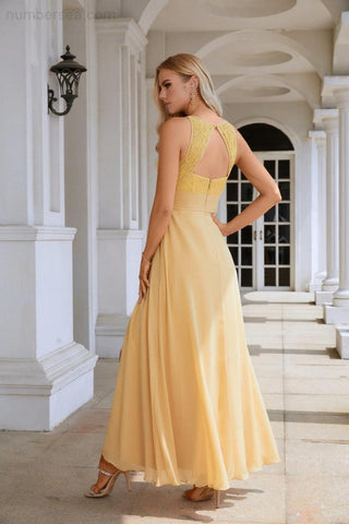 Vestido de dama de honor de gasa con encaje, cuello redondo, sin mangas, largo hasta el suelo, para fiesta de noche, boda, playa, 28106 