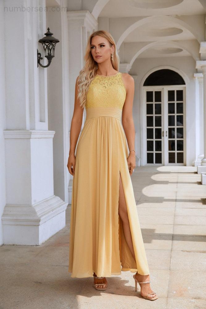 Vestido de dama de honor de gasa con encaje, cuello redondo, sin mangas, largo hasta el suelo, para fiesta de noche, boda, playa, 28106 