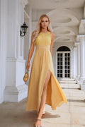 Vestido de dama de honor de gasa con encaje, cuello redondo, sin mangas, largo hasta el suelo, para fiesta de noche, boda, playa, 28106 