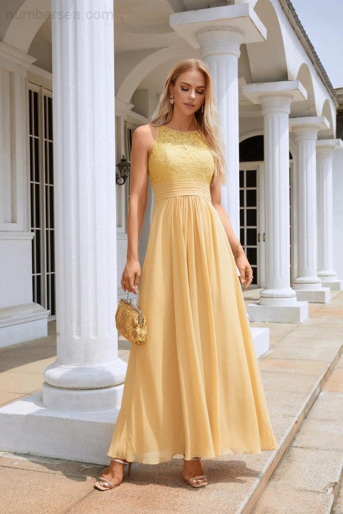 Vestido de dama de honor de gasa con encaje, cuello redondo, sin mangas, largo hasta el suelo, para fiesta de noche, boda, playa, 28106 