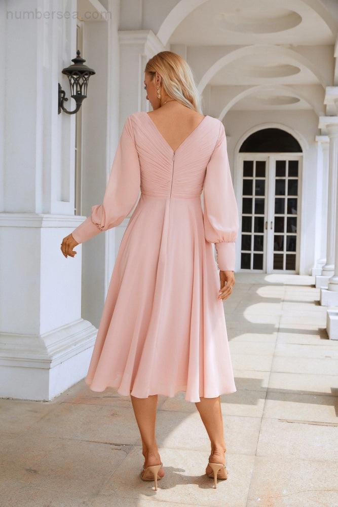 Robe de soirée/bal/mariage en mousseline de soie à col en V et manches longues, longueur genou, pour demoiselle d'honneur, fête ou shopping SY28107