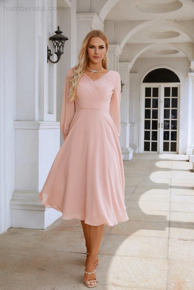 Robe de soirée/bal/mariage en mousseline de soie à col en V et manches longues, longueur genou, pour demoiselle d'honneur, fête ou shopping SY28107