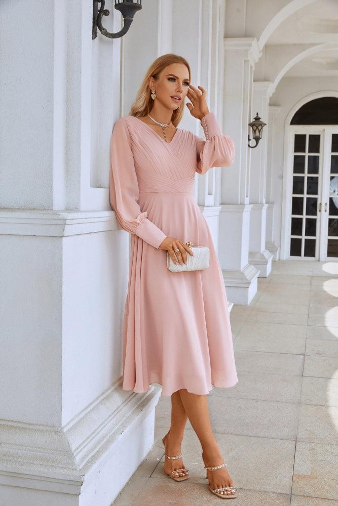 Robe de soirée/bal/mariage en mousseline de soie à col en V et manches longues, longueur genou, pour demoiselle d'honneur, fête ou shopping SY28107